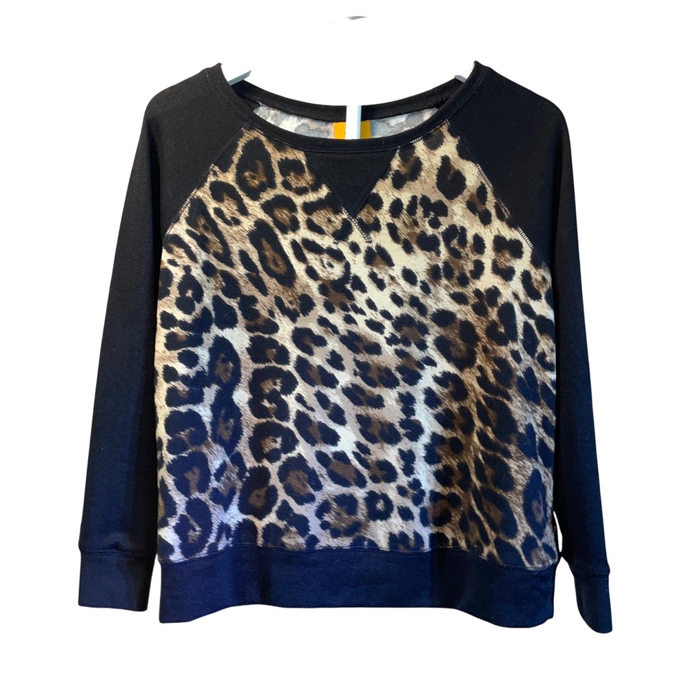Ruby Rd Sweatshirt Womens PM Black Leopard Print Raglan Sleeve Mob Wife Style